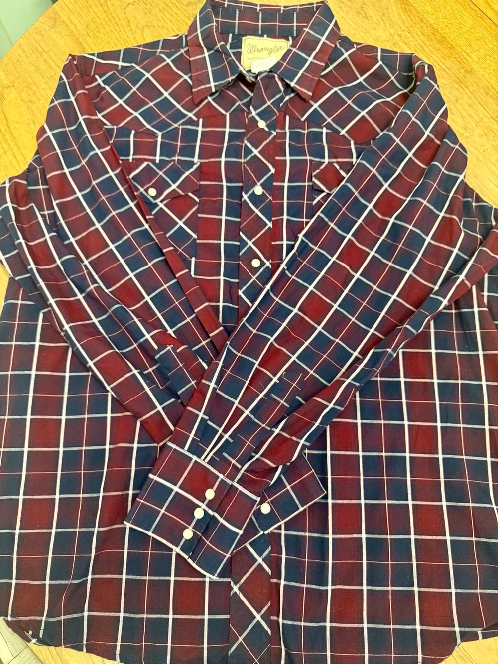 Wrangler Men’s Burgundy and Navy Plaid Button-Down Shirt